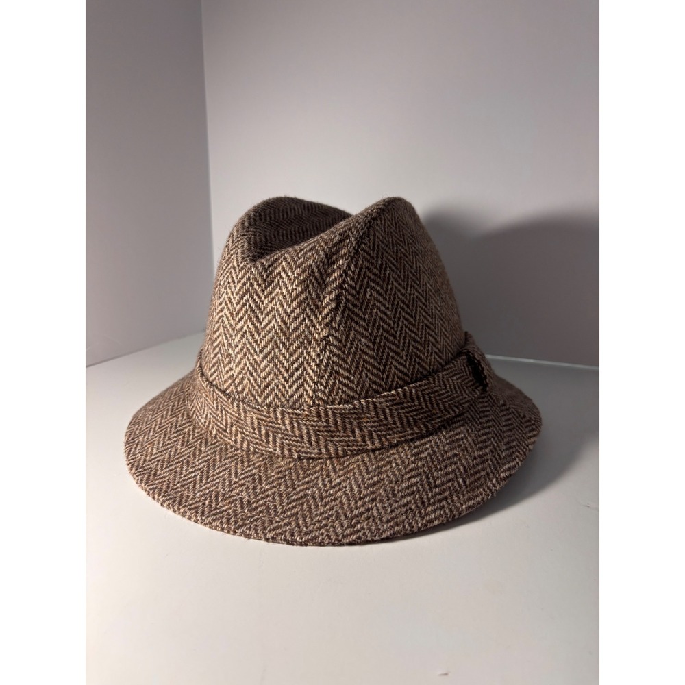 Vintage Brown Herringbone Fedora Hat Medium Made in USA Dark Academia Trilby